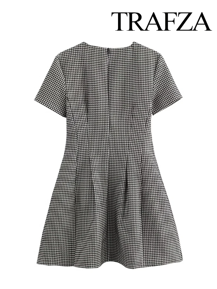 TRAFZA Women Summer Sexy Round Neck Elegant Houndstooth Short Sleeve Dress Female Zipper Plaid Slim Fit Mini Casual Dress Mujer