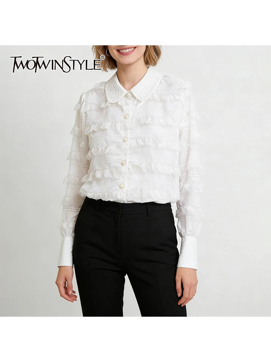 

TWOTWINSTYLE Solid Spliced Lace Ruched Fashion Shirts for Women Lapel Long Sleeves Patchwork Buttons Casual Shirt Female Clothes