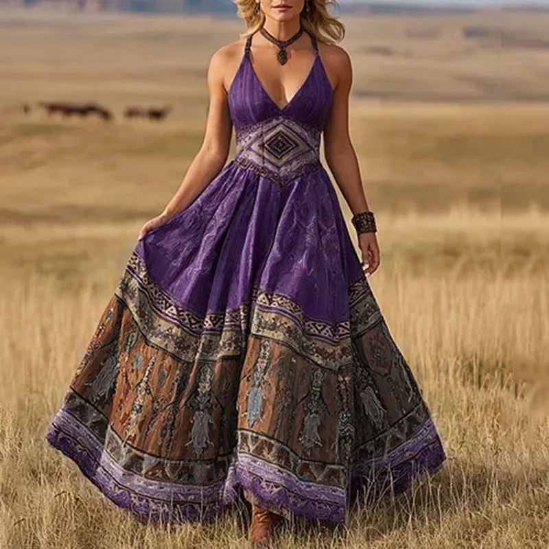 فستان ماكسي نسائي بوهيمي غربي بياقة على شكل V، بطبعة عرقية وقصة إمباير، بأشرطة رفيعة، مناسب للربيع والصيف والشاطئ والعطلات