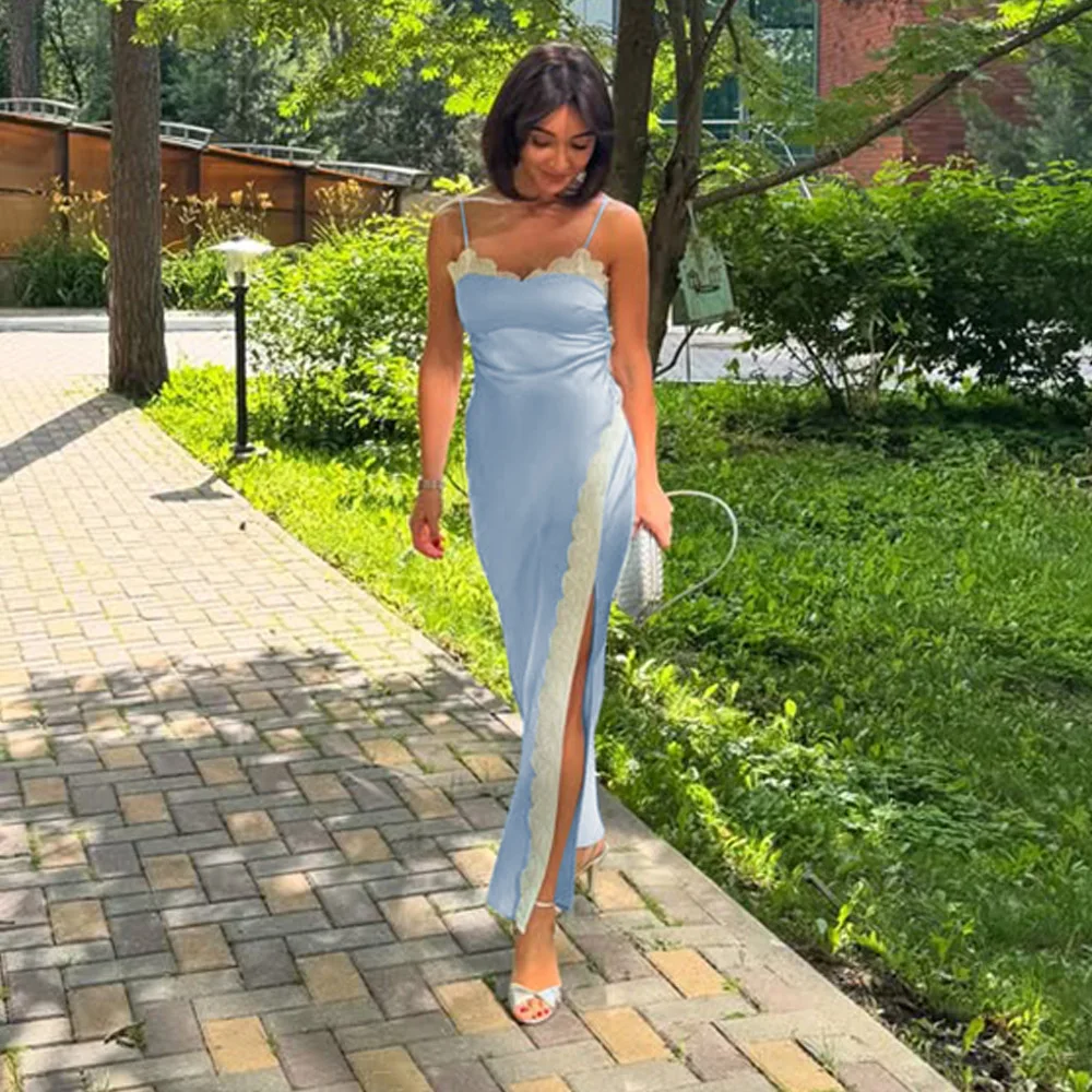 Patchwork Sexy Hoge Split Kant Vrouwen Maxi Jurk Blauw Spaghetti Hoge Taille Zomer Slanke Casual Feestavondjurk