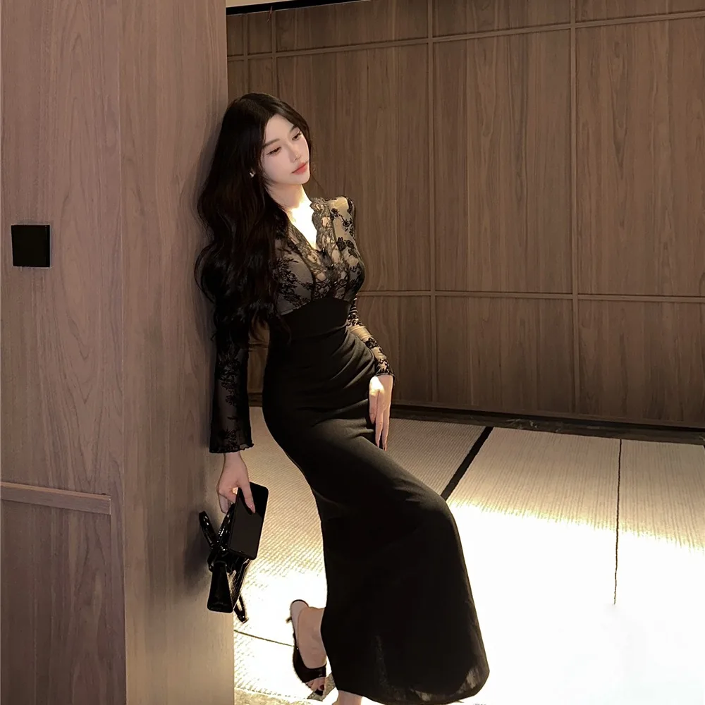 Sexy Bla Lace Splice Long Sve Dr Gonna aderente a vita alta autunno inverno da donna Dr Long Dr Lace Splice Bodycon