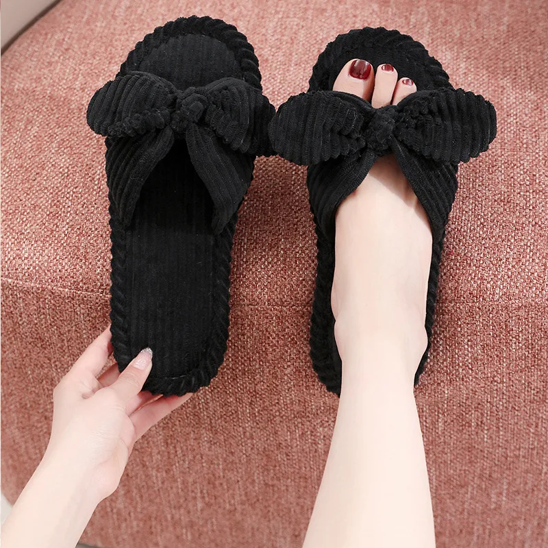 Moda velluto a coste fiocco nodo pantofole da casa donna autunno inverno peluche diapositive donna camera da letto interna suola morbida cotone scarpe da soggiorno