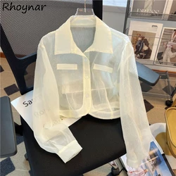 4 Colors Thin Shirts Women Cropped Summer Sunscreen Elegant Office Lady Breathable Leisure Ulzzang Sweet Lapel Cool Fashion OOTD