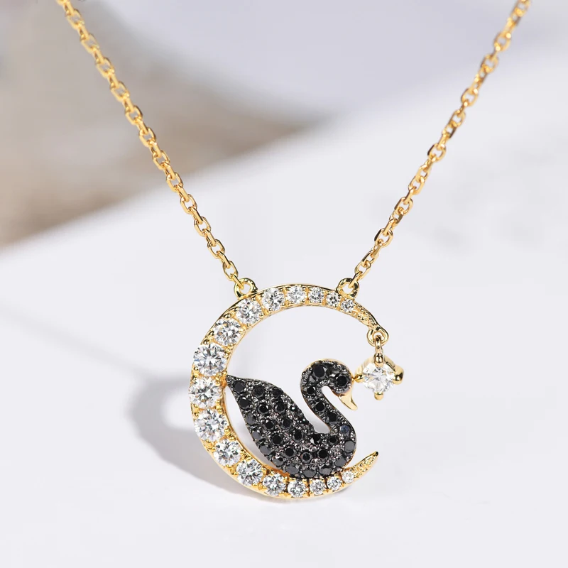 Shruno Solid 18k Yellow Gold Natural Diamond Necklace Pendant Women Diamond Cygnet Pendant Trendy Simple Style Delicated Texture