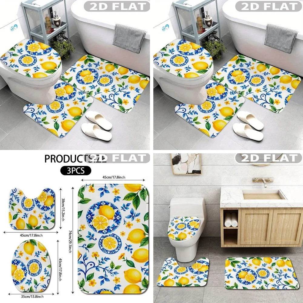 

2D Flat 3pcs Bathroom Rug Set Lemon Floral Blue White Pattern Non-Slip Washable Bath Mats Set for Kitchen Bedroom Decor