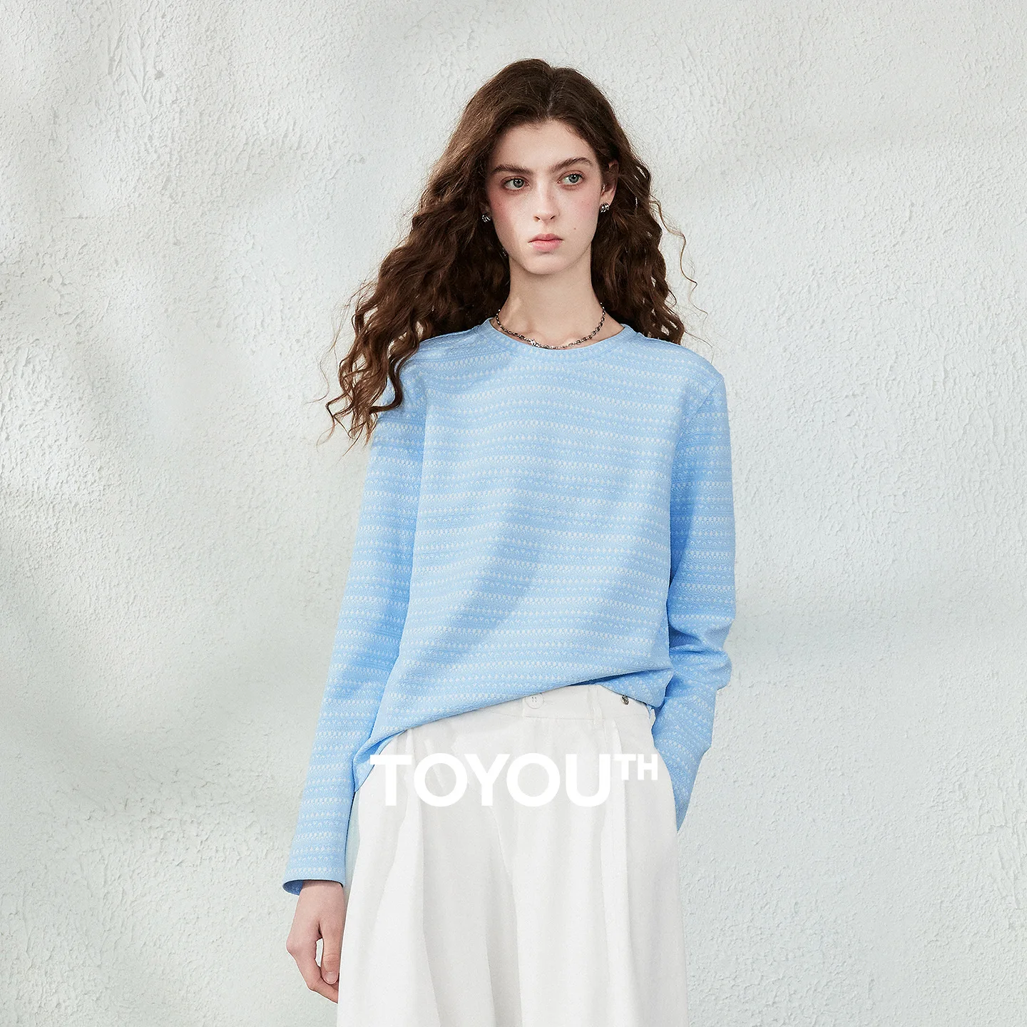 TOYOUTH Women Jacquard T‑Shirt 2026 Autumn New Arrival Geometric Wave Stripe Crew Neck Crinkle Texture Base Layer Top