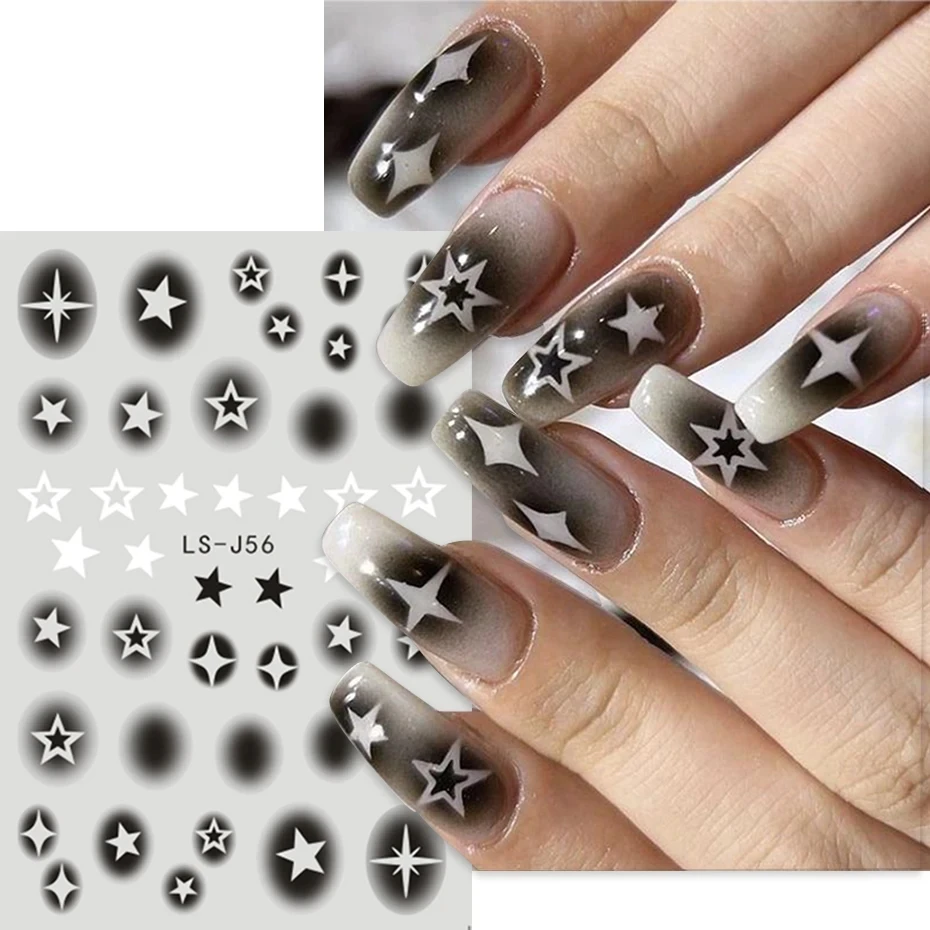 Black Stars Nail Stickers Blooming Gradient Hollow Starlight Hexagram Heart Butterfly Dark Style Cool Girl Manicure Decal LS-J56