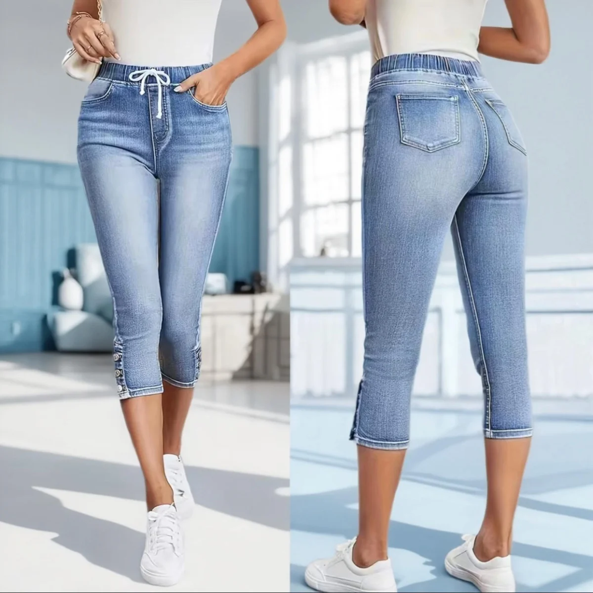 Summer Women's Elasticity Tight Fitting Jeans European and American Style Elastic Waist Denim Capri Pants Retro Capri Pants New