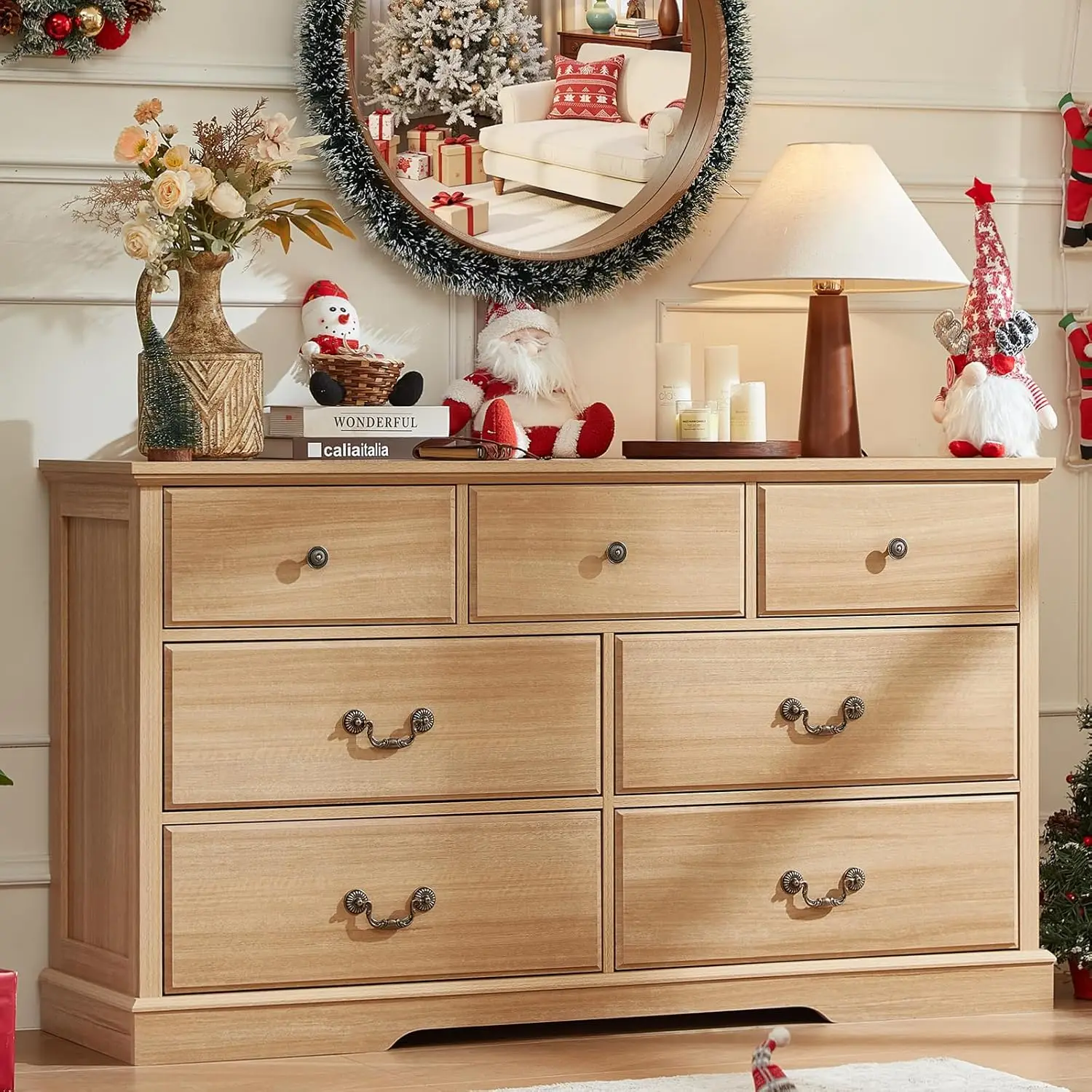 Natural Wood 7-Drawer Farmhouse Dresser for Bedroom and Hallway with Rustic Style