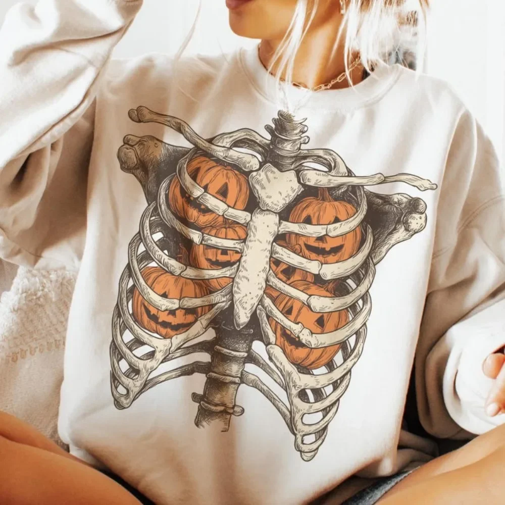 Creative Design Ribcage Pumpkins Clothing Retro Halloween Skeleton Tops Spooky Season Tee Men Women Fashion Harajuku Streetwear