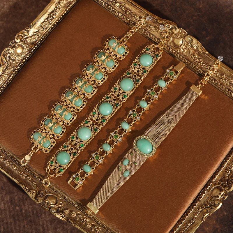 Vintage Jade Bracelet Made Of Natural Stones Green Rhinestone Hollow Crystal Pearl Bangle For Woman Retro Girlfriend Gift 2025
