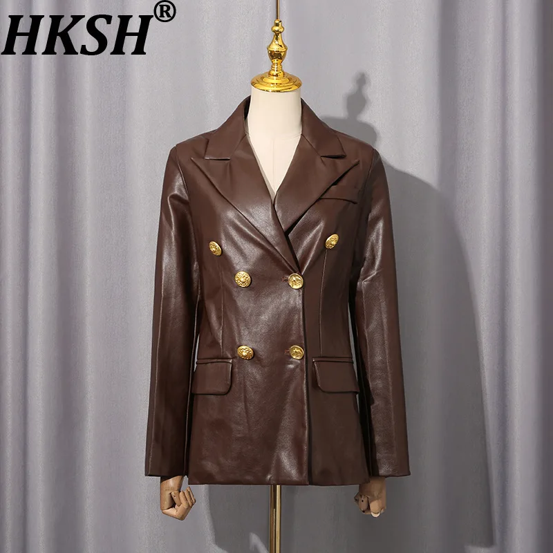 Hksh primavera outono nova jaqueta feminina de couro do plutônio cor sólida turn-down colarinho duplo breasted high-end blazer tendência casaco hk14189