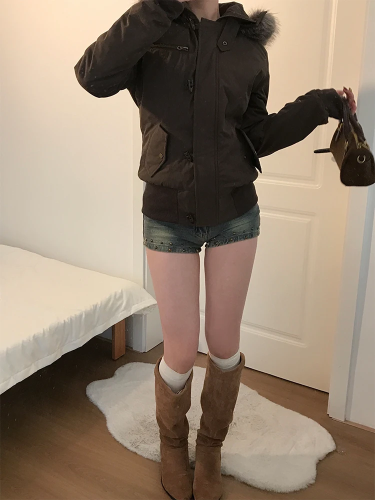 

Retro Vintage Hooded Coat Fur Collar Slim Fit Girls Sle Outerwear Warm Polyester Fiber Long Sve Zipper Closure Color