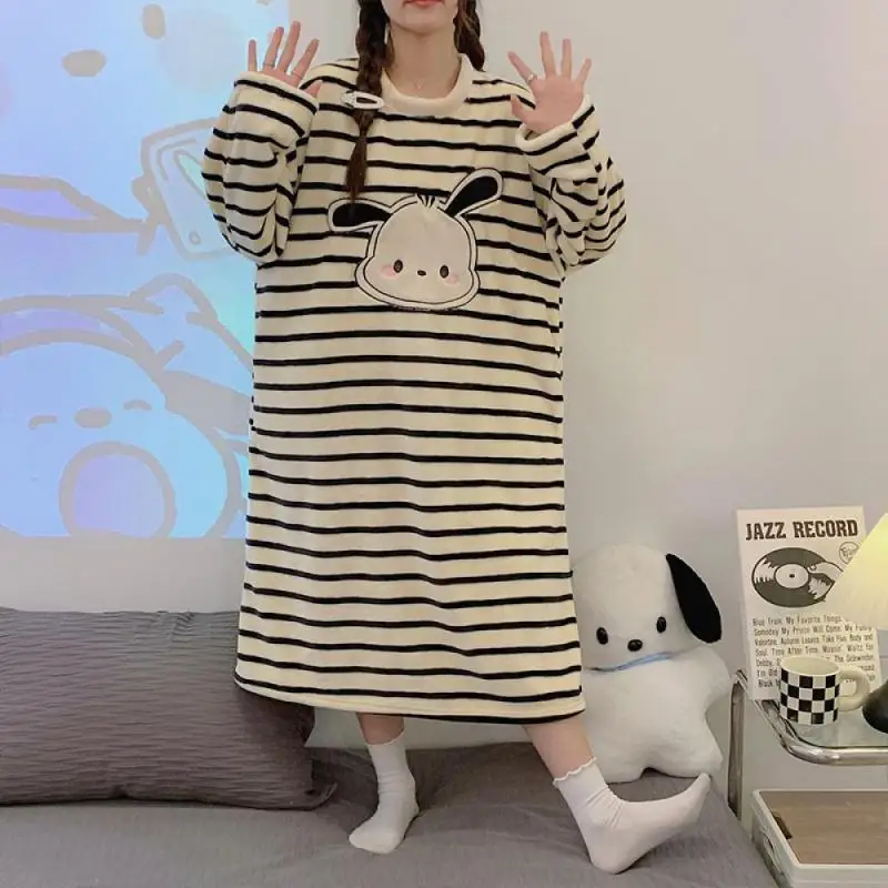 Kawaii Pochacco Women Coral Velvet Nightgown Home Clothes Autumn Winter Girl Cartoon Plush Thickened Warm Loose Homewear Pajamas