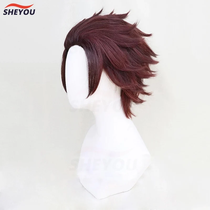 High Quality  Yaiba Tanjiro Kamado  Cosplay Wig Anime Short Chestnut Brown Heat Resistant Hair Cosplay Costume Wig + Wig Cap