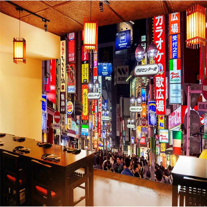 Papel de parede para cidades japonesas, paisagem 3d, vista noturna, para decoração industrial, restaurante, sushi, izakaya