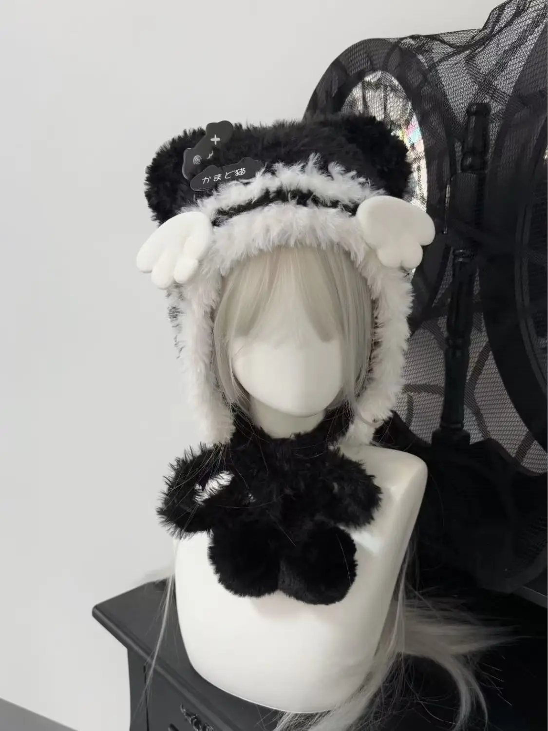 

Kawaii Sweet Black Cat Ear Subculture Angel Wing Beanie Hat black cat clips decor Lolita Fleece Y2k Cap Fluffy Warm Winter Hats