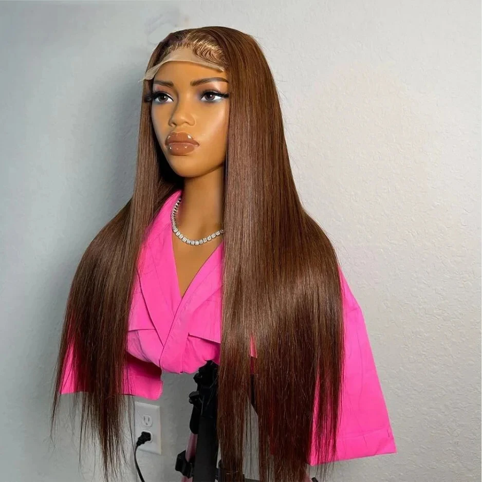 Perruque Lace Front Wig sans colle lisse et soyeuse, 26 pouces, perruque préplumée brune, douce et longue, densité 180, pour femmes noires, cheveux de bébé, degré de chaleur 03/3