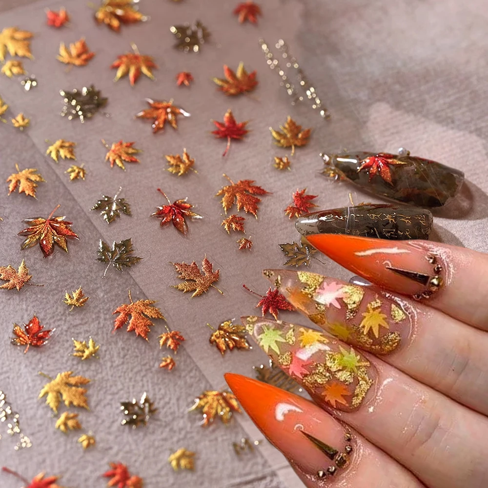 

5D Red Hot Stamping Jelly Maple Leaf Autumn Nail Art Sticke Sparkling Romance Golden Foil Maple Leaves Decals Manicures Decorati