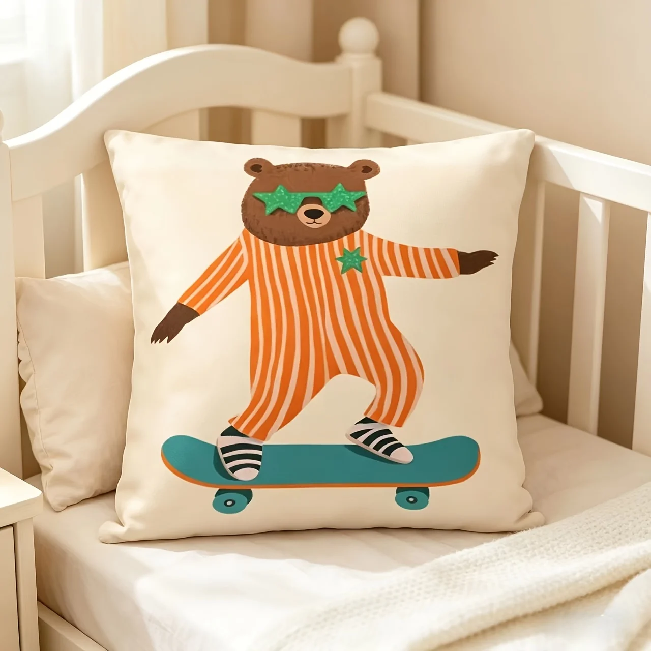 2D Flat Print, 1pc Pillowcase, Starry Sky Pattern with a Bear Wearing Striped Clothing and Riding a Skateboard, Suitable for Courtyards, Sofas, and Living Rooms. Pillow Insert Not Included, 2D Flat