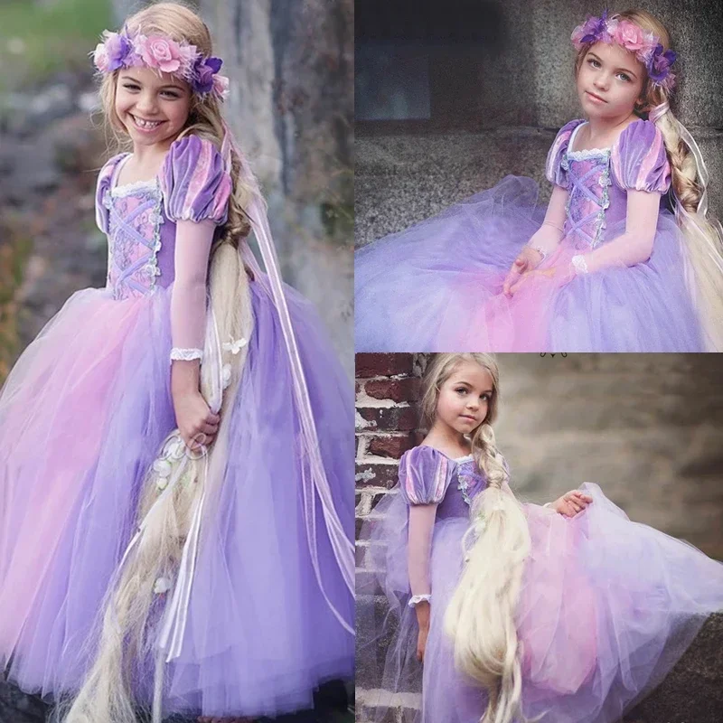 Girl Rapunzel Dress for Kid Halloween Princess Cosplay Costume for Birthday Party Gift Purple Long Sleeves Mesh Clothing