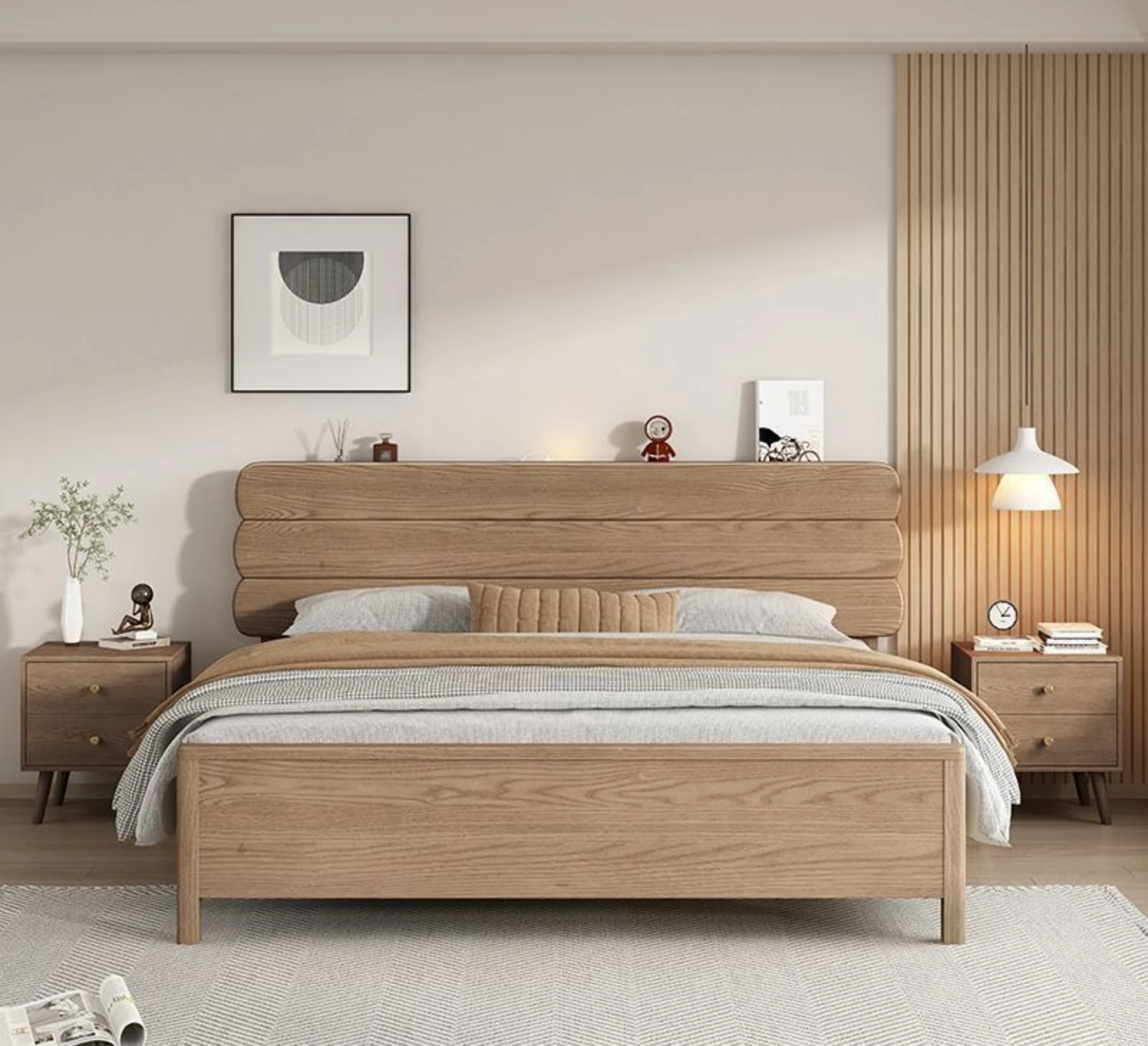 Log wind double bed widened bedside, layered horizontal board bedside solid wood, textured home master bedroom simple frame bed