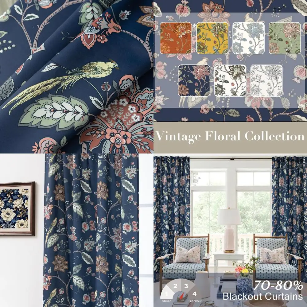 

Luxurious Blackout Curtains, 96 Length, 2-Panel Set with Pleated Navy Blue Floral Design for Living Room