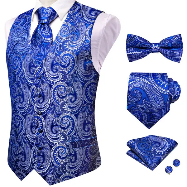 Blue Green V-Neck Paisley Waistcoat 5Pcs Set Vest Tie Bowtie Hanky Cufflinks Formal Suit