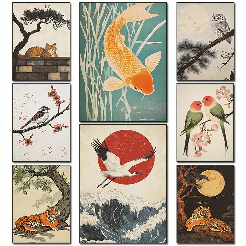 Retro Jungle Animals Nature Are Leisurely Life Crane Carp Tiger Poster Canvas Painting Wall Art Pictures Living Room Home Dec