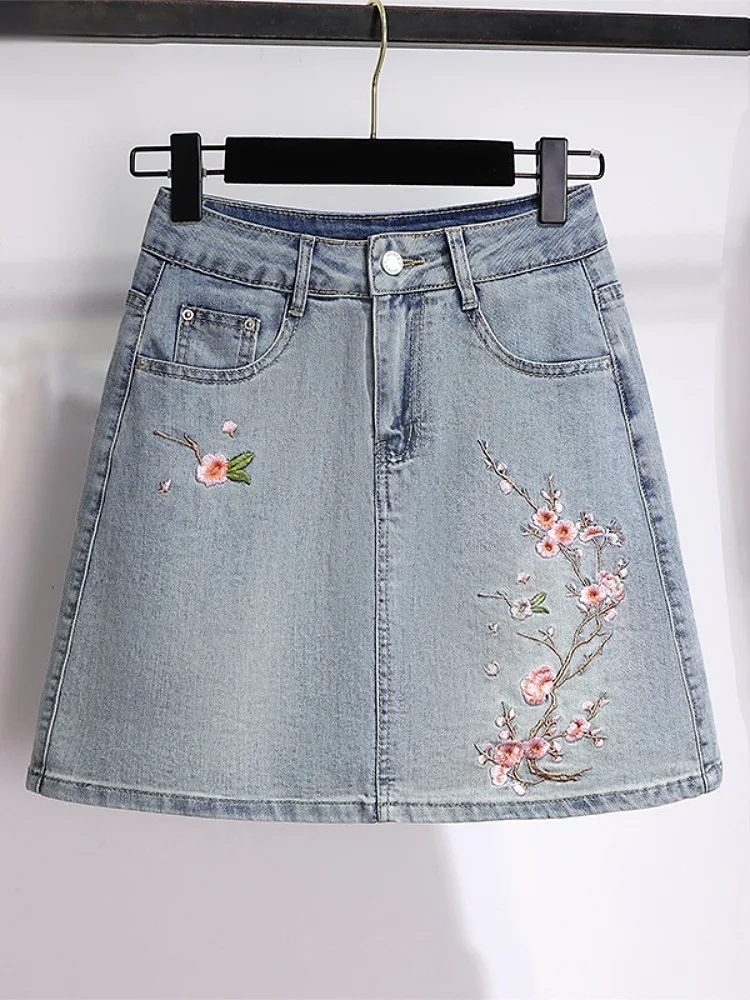 

Джинсовая юбка с вышивкой Ele, облегающая юбка трапециевидной формы с высокой талией, Новое поступление лета, женская мода, большие размеры, смесь хлопка