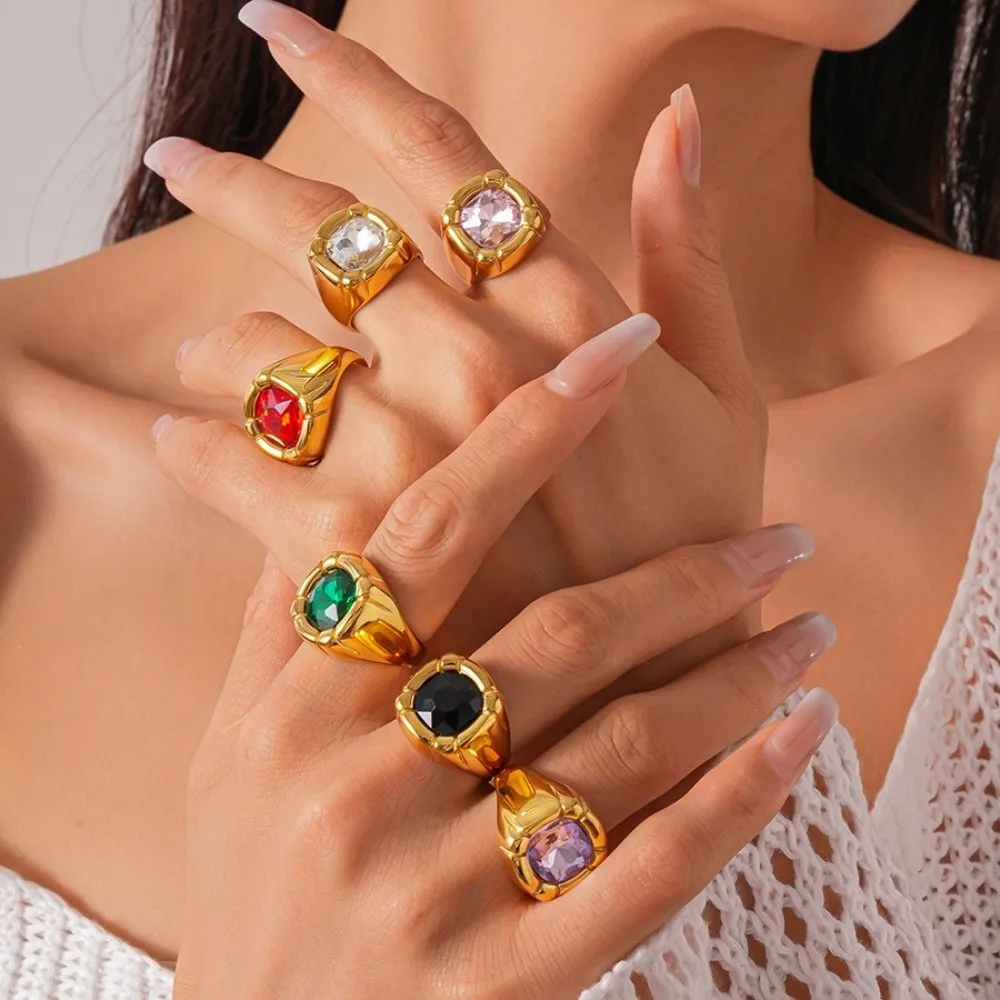 지르콘 사각 크리스탈 반지 스테인리스 스틸 연회 스타일 사각 지르콘 반지 화려하고 우아한 과장된 반지