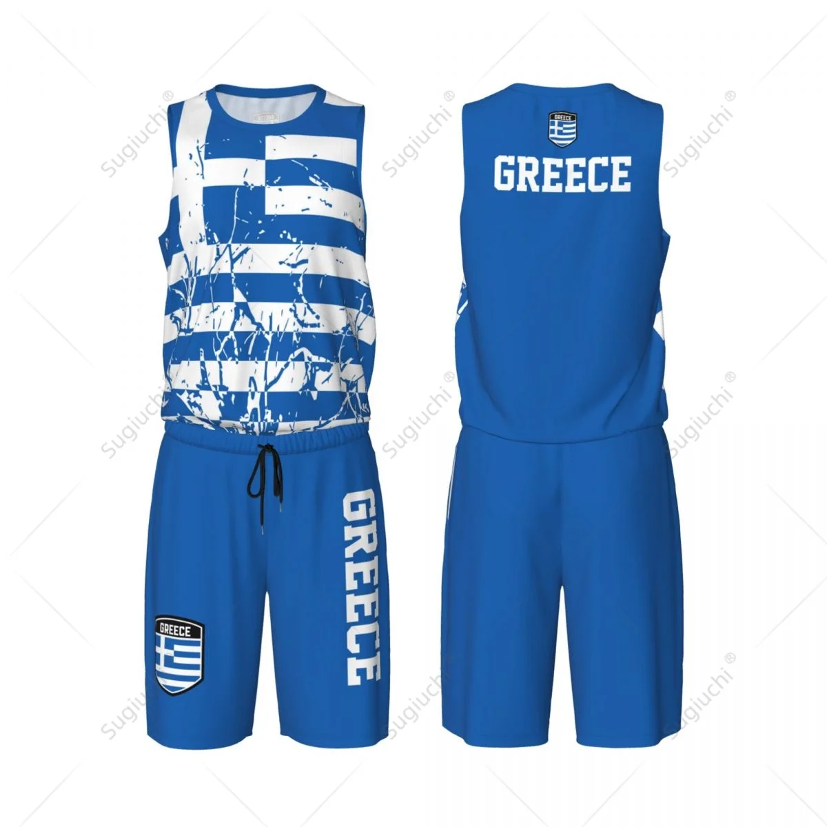 Team-up Greece Flag Grain Men Basketball Jersey Set Shirt & Pants Sleeveless Custom Name Nunber Exclusive