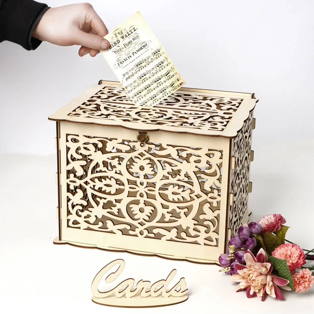 Wooden Wedding Card Box Wedding Decoration Supplies DIY Mr&Mrs Couple Flower Pattern Envelope Sign Cards Wood Box — zdjęcie 3