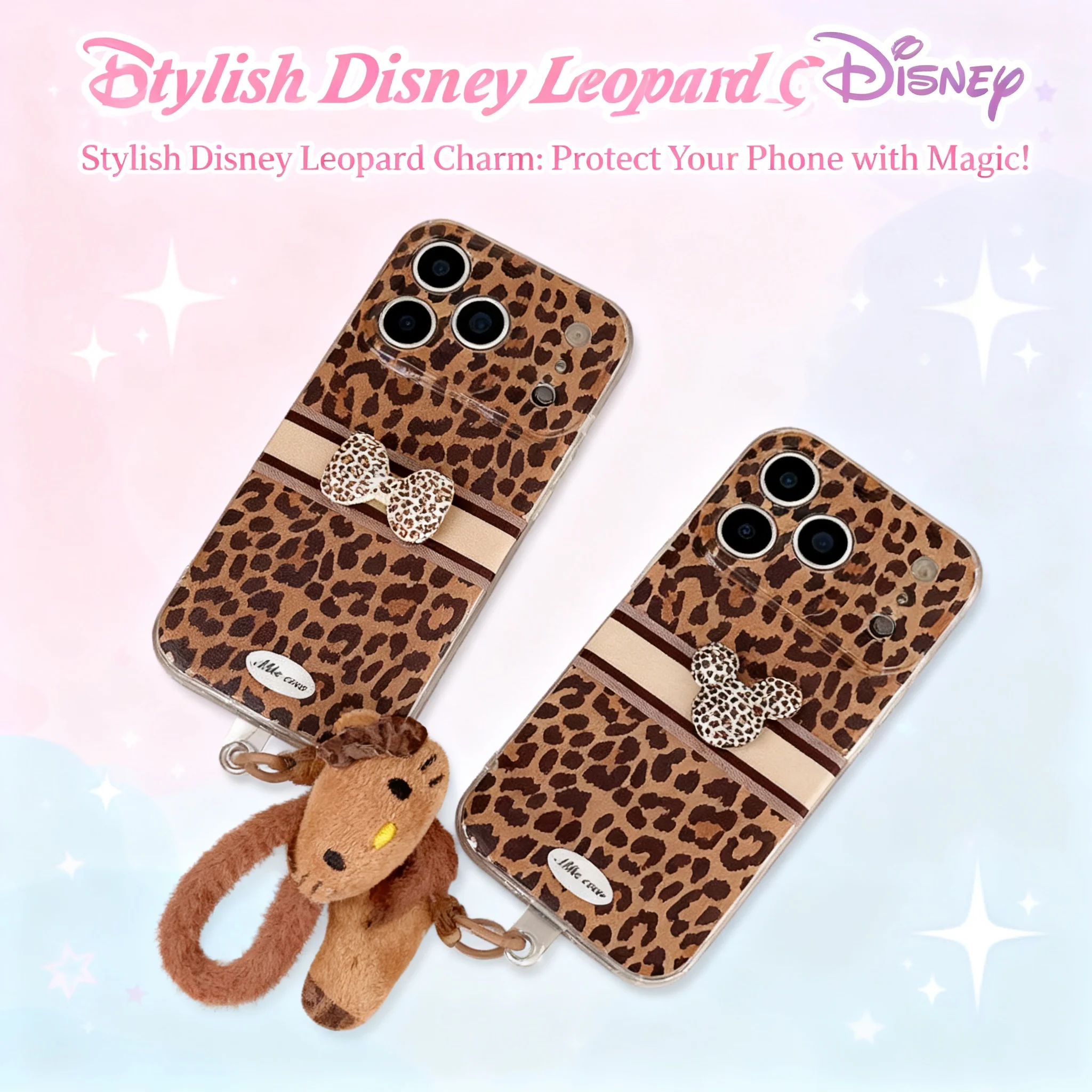 

Leopard Print Mickey Bow iPhone 16 15 14 13 Pro Max Phone Case Cute Girls Handbag Strap Compatible with 17 Pro Max