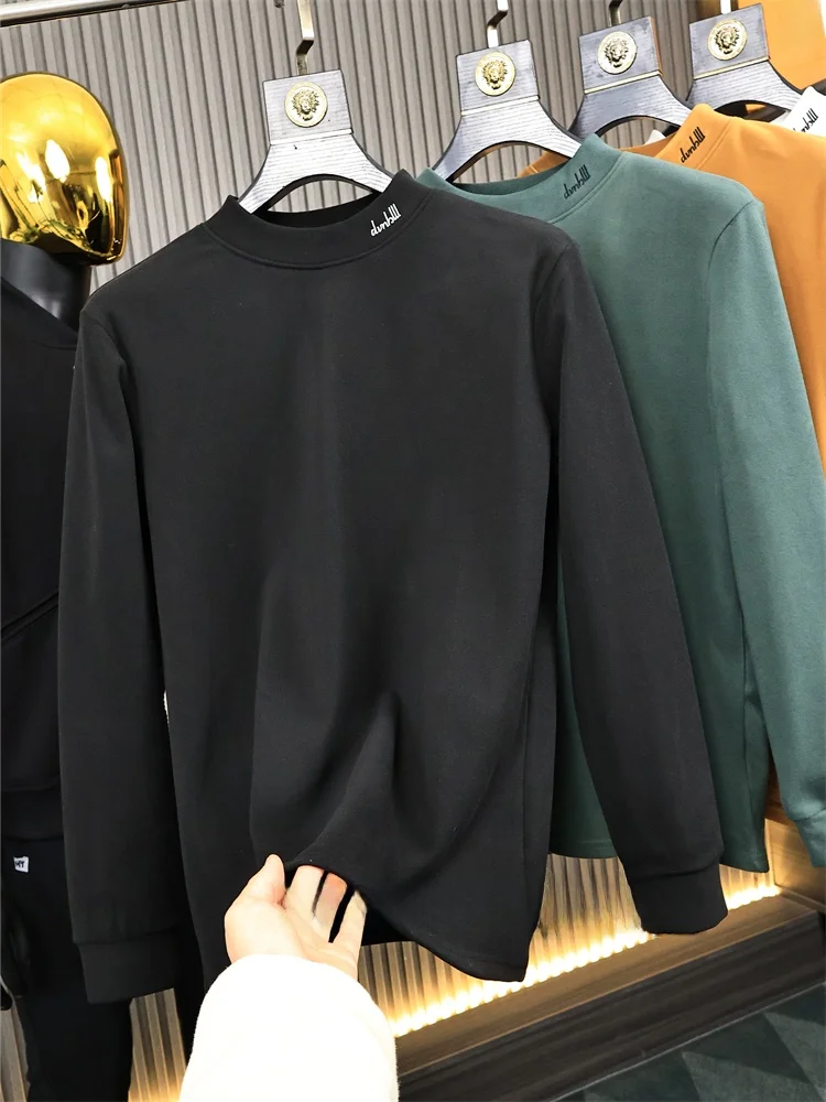 Soft Double-sided Velvet Men's T-shirt Warm Base Layer Fashionable Urban Loose Fit Long Sleeve Half High Collar Daily Wear