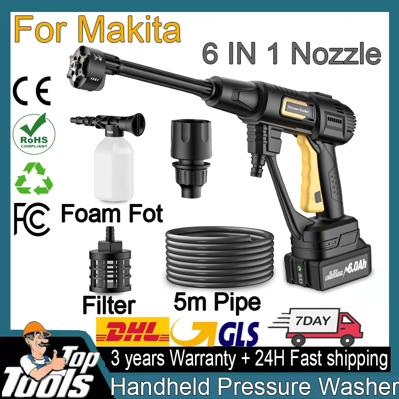 Handheld Cordless Pressure Washer Gun For Makita 18V Battery Pressure Washing Machine Portable 6 IN 1 Nozzle For Car Washing