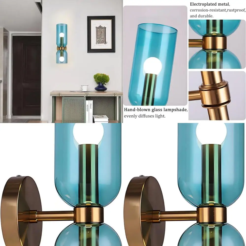 

Современное золотое настенное бра с двойным освещением и стеклянными абажурами, светильник E14 для спален, ванных комнат, гостиных и прихожей (синий)