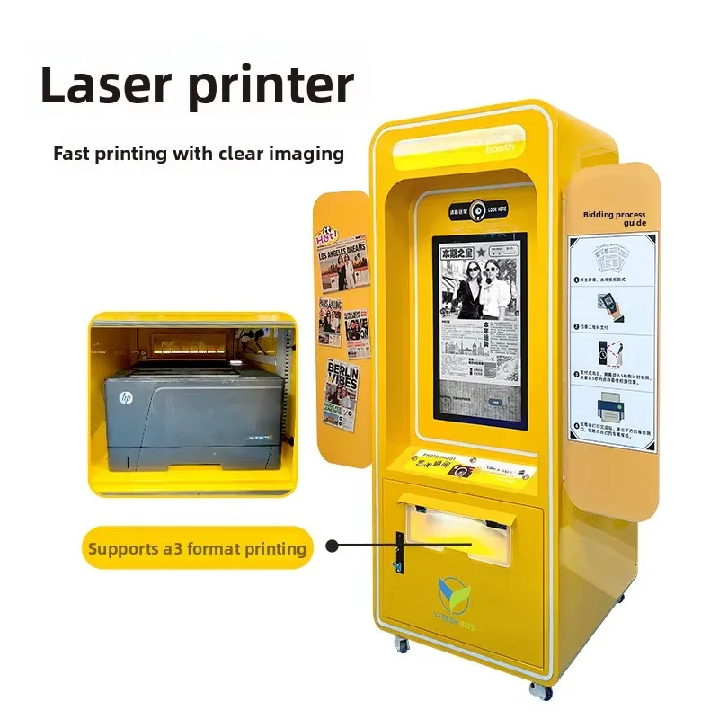 customized newspaper selfie kiosk ai self‑service headshot booth 4g metal framework for scenic retail venue business buyers