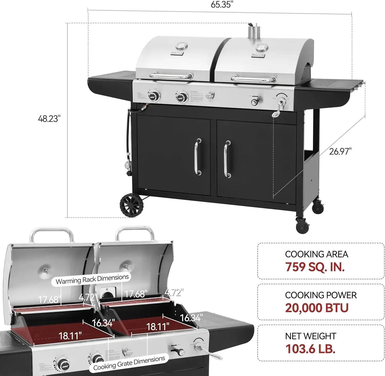 Charcoal Grill Combo, Dual Fuel BBQ Grill with 2 Side Shelves for Outdoor Patio Garden Backyard Barbecue, 20,000 BTUs