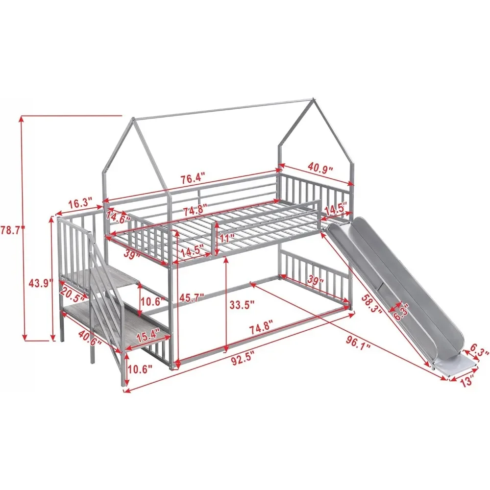 Twin Over Twin Size Metal Bunk Bed with Stairs, House-Shape Bunk Bed with Slide, No Noise,House Bed Frame for Kids