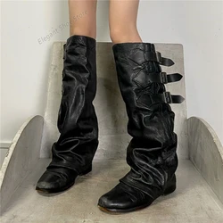 Retro Pleated Soft Leather Women Boots Pointed Toe Belt Buckle Knee-High Boots Black Brown Thick Heel High Quality Knight Boots