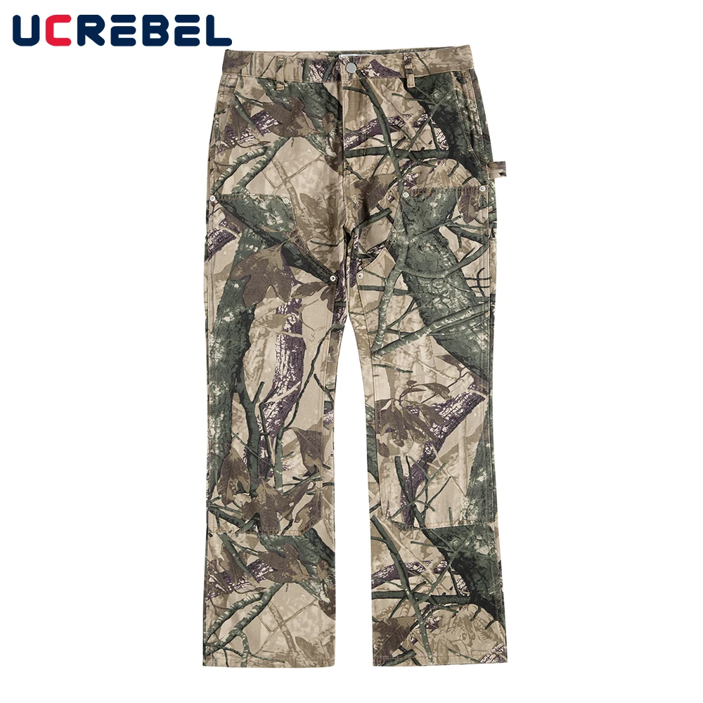 Streetwear Camouflage Print Flared Casual Pants Mens Multi-Pocket Spliced Carpenter Pants Men Trousers