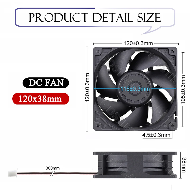Gdtime-Ventilador sem escova, Refrigerador alto do fluxo de ar, DC 12V, 24V, 48V, 12038, 120mm x 38mm, 5300rpm, 120x38m, 12cm, 4pin, PWM, FG, 1PC