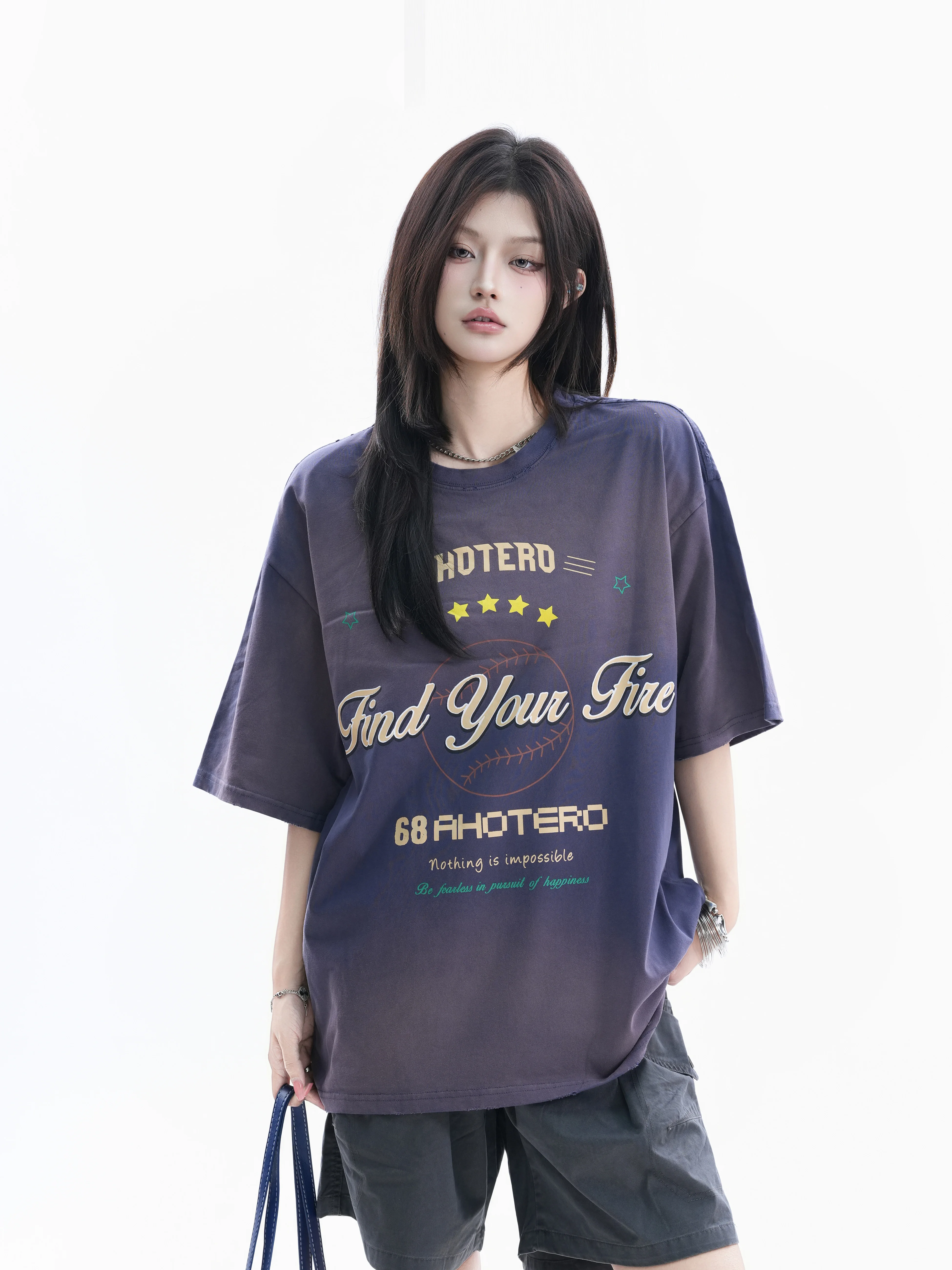 

Retro Style Unisex Short Sleeve T-Shirt Gradient Baseball Lettering Loose Fit Cotton Summer City Walk Couple's Tee