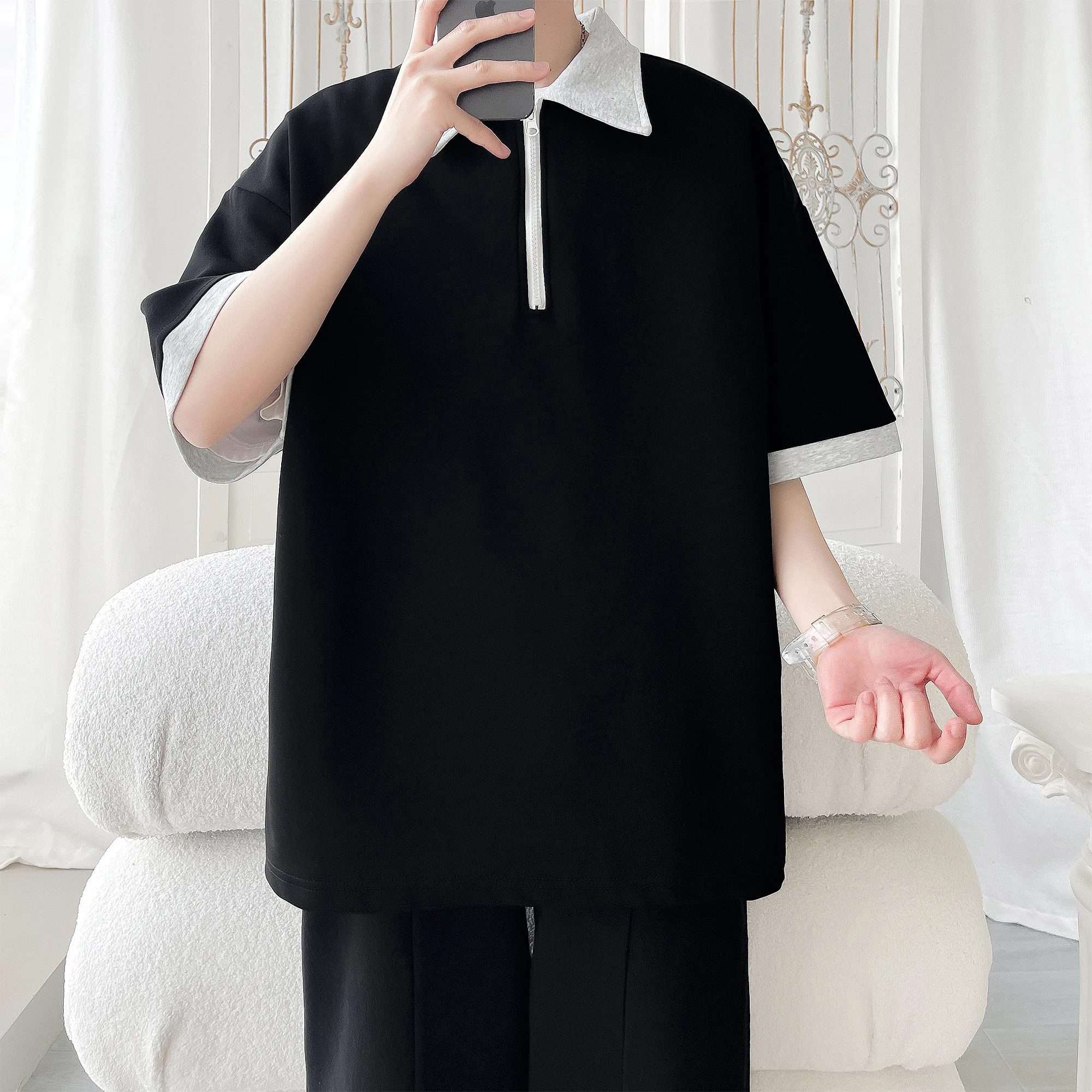 2026 Men's Summer New Style Button-Up Fake Two-Piece Polo Shirt Short-Sleeve Trendy T-Shirt Loose Fit