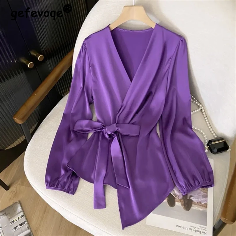 Women Korean Fashion Lace Up Elegant Shirts 2024 Spring Autumn Office Lady Commute Long Sleeve Blouses Purple V Neck Slim Tops