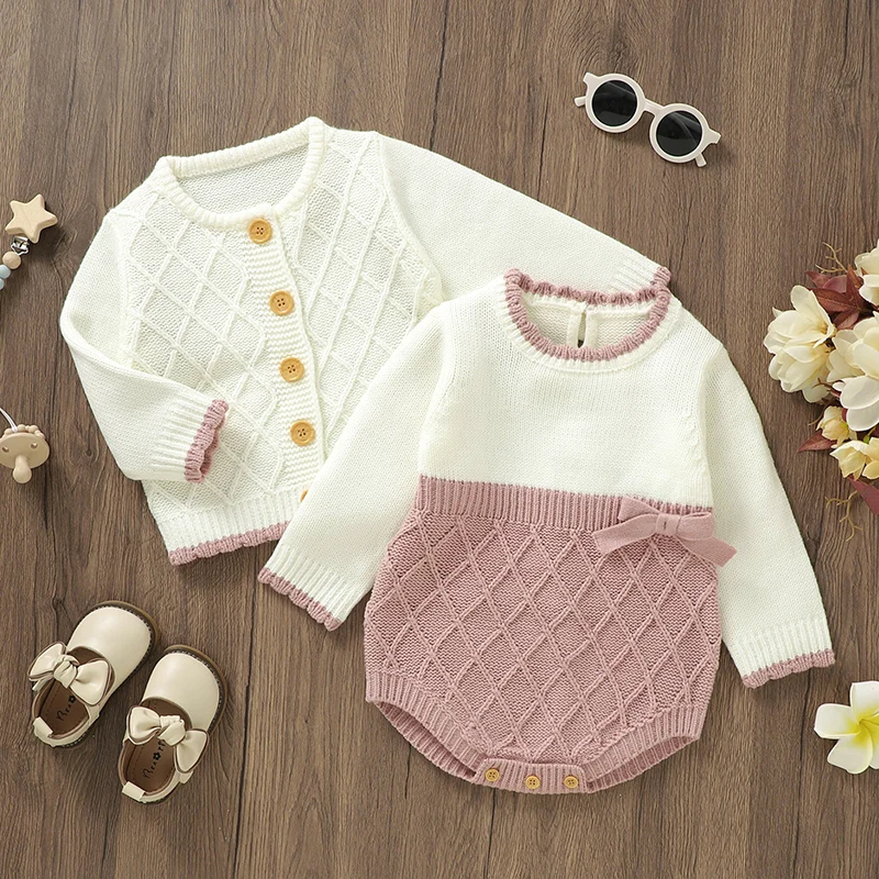 

0-18m Infant Knitted Clothes Sets Autumn Winter Long Sleeve Sweaters Cardigans+Bodysuits 2pcs Newborn Infant Girl Outwear Outfit