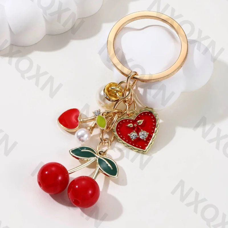 Pretty Cartoon Cherry Preal Heart Enamel Keychain Love Fruit Key Ring For Women Girl Handmade Friendship Gift Jewelry Set