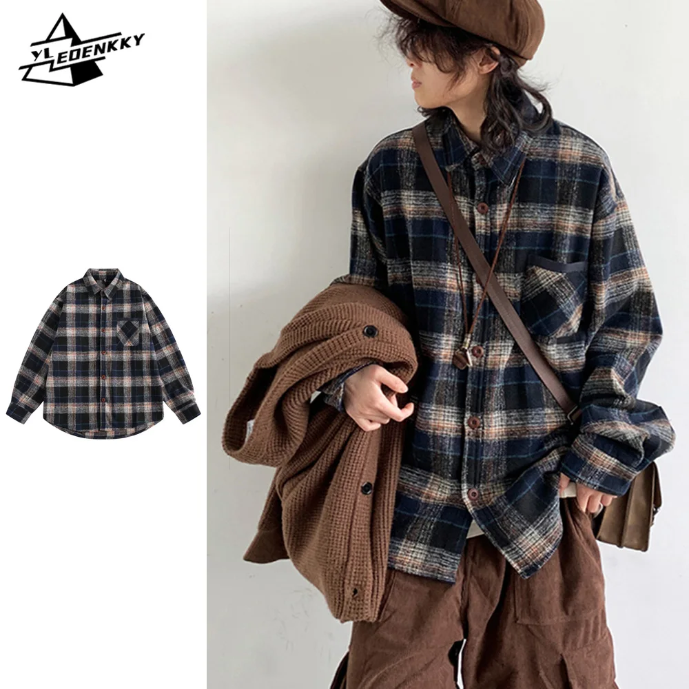 

Retro Versatile Shirt Men Women Preppy Plaid Stripes Loose Long Sleeves Japanese Patchwork Pocket Casual Cardigan Unisex Outwear