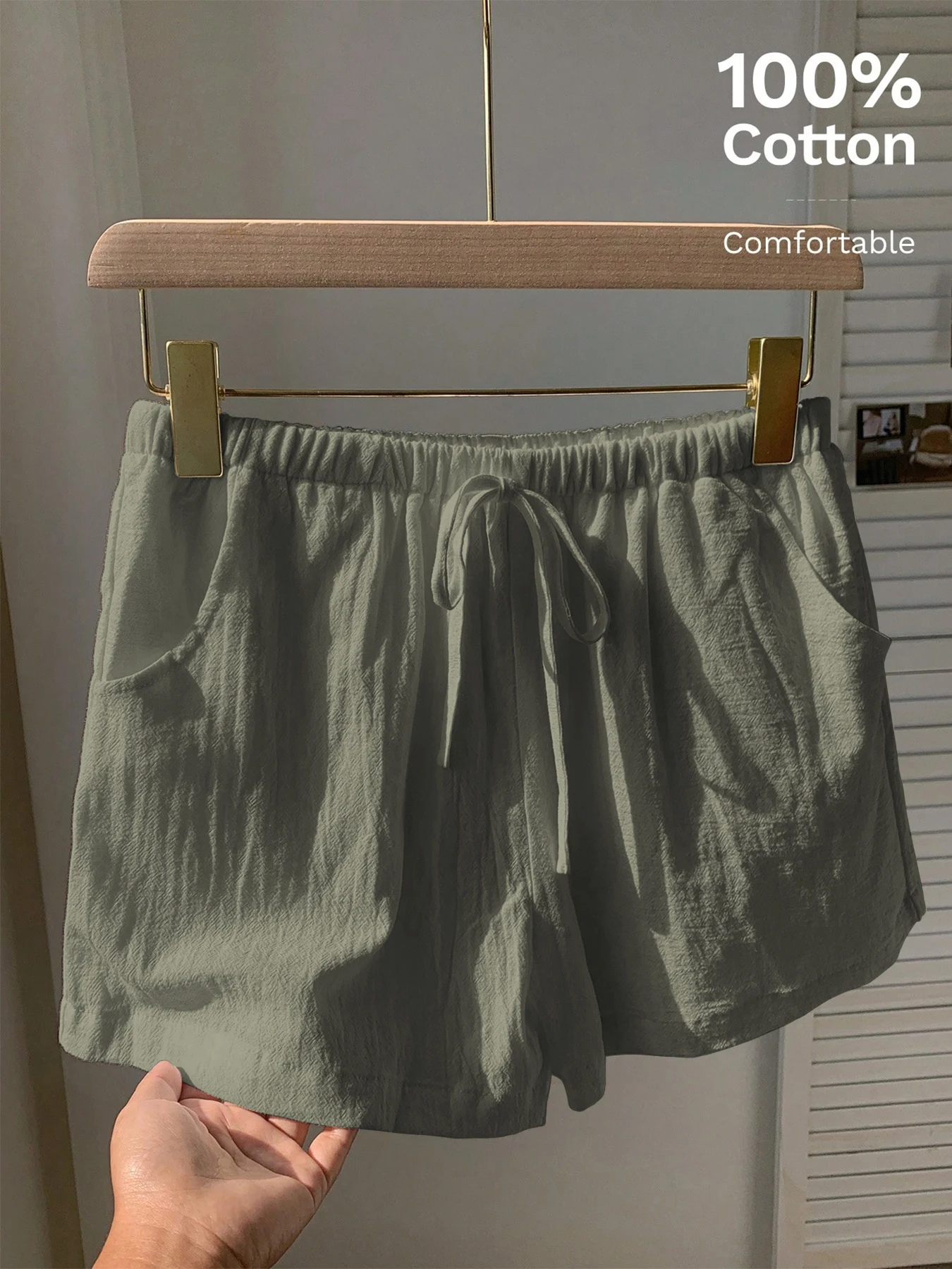 Damen Neue Frühling-Sommer Leinen Einfarbige Lässige Sport-Shorts mit Elastischem Bund und Kordelzug – Detail 13